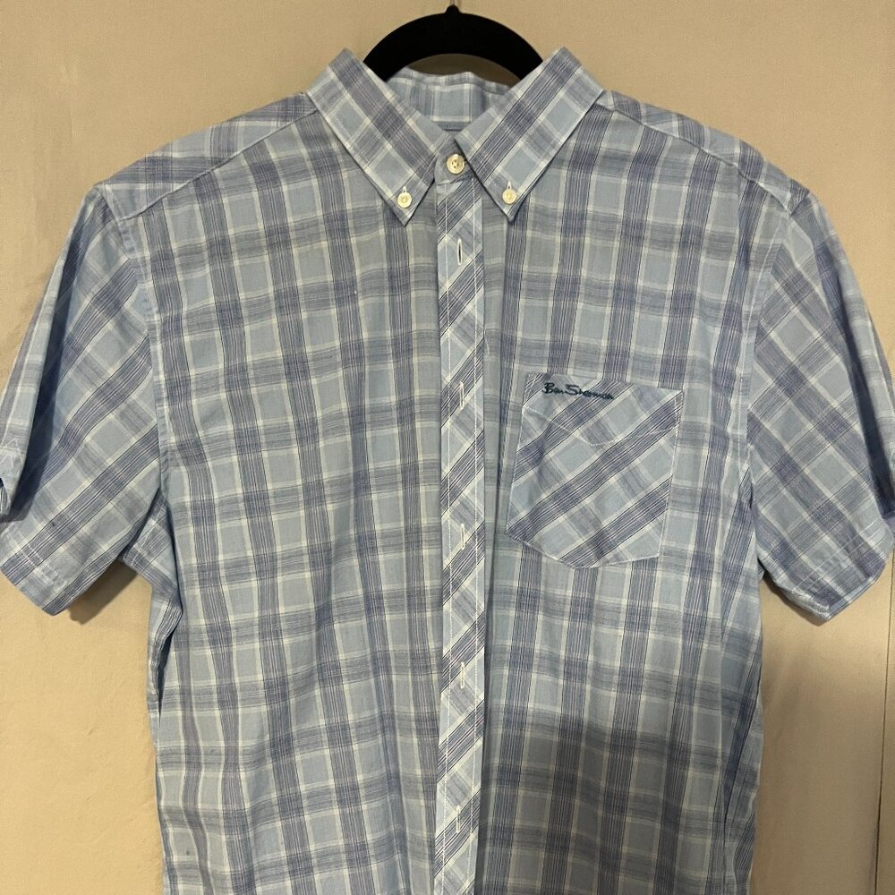 Ben Sherman Blue Check Short Sleeve Button Down Shirt; L